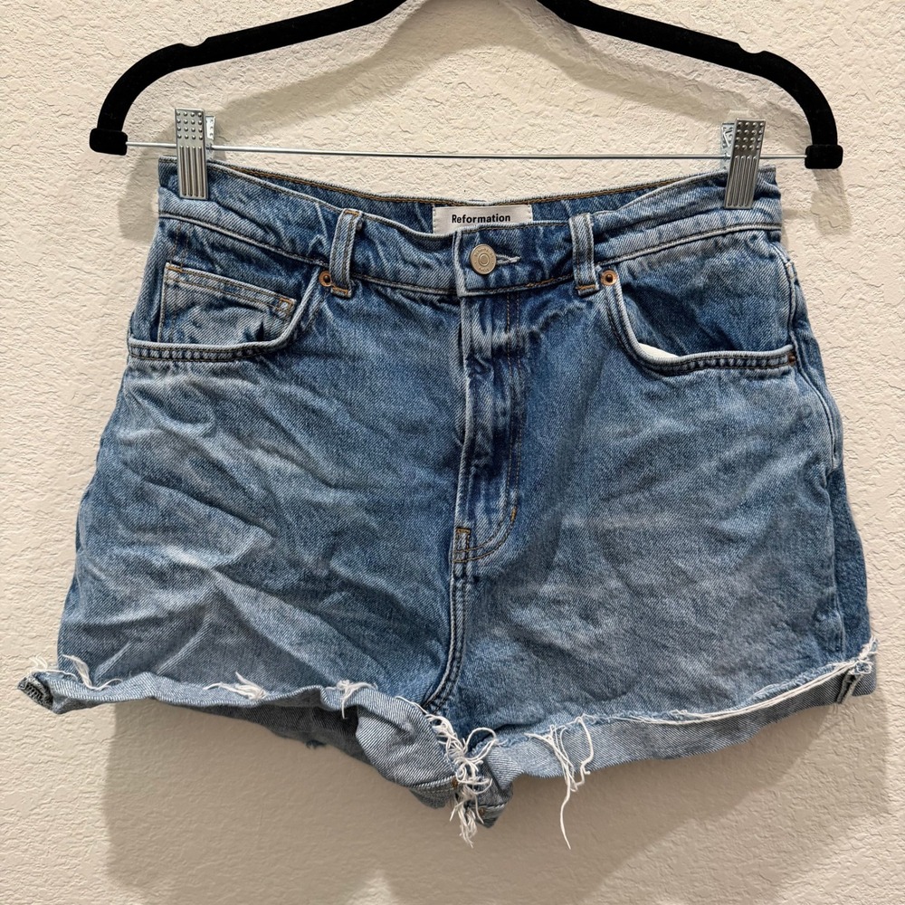 Reformation Jeans Womens Size 28 High Rise Raw Hem Denim Shorts Medium Wash Blue